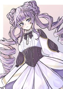 Rule 34 | 1girl, breasts, cowboy shot, double bun, dress, drill hair, duel monster, hair bun, highres, pink background, purple eyes, purple hair, selettrice vaalmonica, simple background, sira tise, solo, twin drills, white dress, yu-gi-oh!