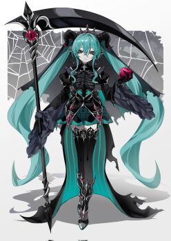 1girl alternate_costume apple aqua_eyes aqua_hair armored_boots black_gloves black_shrug black_skirt black_thighhighs boots cape crown demon_horns earrings food frilled_sleeves frills fruit full_body gem gloves hatsune_miku highres holding holding_food holding_fruit holding_scythe horns jewelry long_hair looking_at_viewer myuga66666 pink_gemstone pink_pupils pointy_ears ribs scythe shrug_(clothing) simple_background skirt solo standing thighhighs twintails vocaloid white_background