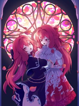1girl absurdres black_capelet black_dress black_ribbon blood blood_on_clothes breast_press breasts brown_dust_(series) brown_dust_2 capelet dark_persona dress dual_persona from_side hair_ribbon highres holding_hands iq-wraith large_breasts liberta_(brown_dust_2) liberta_(dark_saintess)_(brown_dust_2) long_hair looking_at_another looking_at_viewer looking_to_the_side open_mouth red_eyes red_hair red_ribbon ribbon smile stained_glass symmetrical_docking tongue tongue_out white_dress