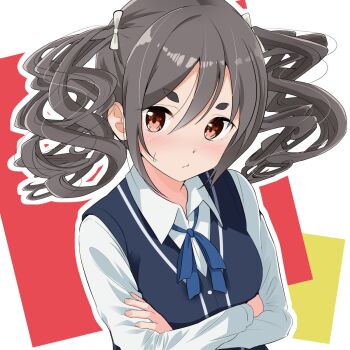 1girl azumawari_(azumofu) blue_ribbon blush closed_mouth collared_shirt commentary_request crossed_arms drill_hair grey_hair hair_between_eyes hair_ribbon highres kiriyama_an looking_at_viewer mono_(afro) neck_ribbon outline red_eyes ribbon school_uniform shirt solo sweater_vest thick_eyebrows twin_drills upper_body white_outline white_ribbon white_shirt