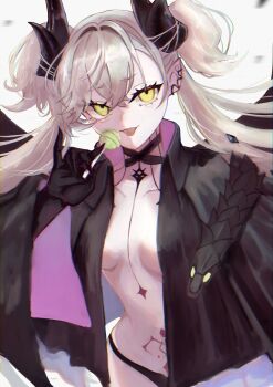 1girl black_cloak black_hands black_panties body_markings breasts candy choker cloak colored_extremities crossed_bangs demon_girl demon_horns demon_wings ear_piercing fate/grand_order fate_(series) food green_eyes grey_hair hair_between_eyes highres horns lilith_(fate) lilith_(second_ascension)_(fate) lollipop long_hair looking_at_viewer masteryakiniku medium_breasts navel open_mouth panties piercing pointy_ears smile solo stomach_tattoo tattoo twintails underwear very_long_hair wings