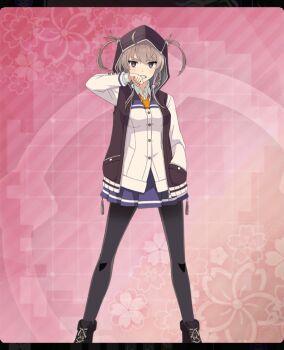 1girl black_boots black_jacket black_pantyhose blazer blue_sailor_collar blue_skirt boots breasts brown_hair buttons clenched_hand clenched_teeth dot_nose feet_out_of_frame floral_background game_cg hair_ornament hair_through_hood hand_in_pocket hand_up hood hood_up hooded_jacket jacket lace-up_boots legs_apart long_sleeves looking_at_viewer medium_hair necktie official_art open_clothes open_jacket pantyhose pink_background purple_eyes renpu_girls_school_uniform sailor_collar school_uniform shichinosato_kofuki shirt sidelocks skirt skull_hair_ornament small_breasts solo tassel teeth third-party_source toji_no_miko toji_no_miko:_kizamishi_issen_no_tomoshibi twintails unzipped white_jacket white_shirt yellow_necktie zipper