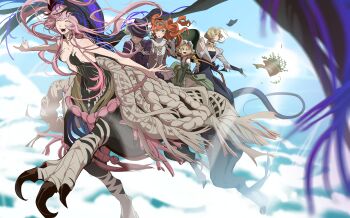 5girls :d ^_^ above_clouds absurdres bare_arms bare_shoulders black_dress black_veil blonde_hair blue_bow blue_dress blue_sky blue_veil boater_hat bouquet bow breasts centauroid chimera chinstrap closed_eyes cloud coat day dress drill_hair druvis_iii elbow_gloves floating floating_hair flower gloves green_dress green_eyes green_gloves green_hat grey_eyes grey_hair hair_bow hat hat_over_one_eye highres horseback_riding long_dress long_hair looking_to_the_side low_twintails medium_breasts mistletoe monster_girl multiple_girls multiple_riders nautika_(reverse:1999) one_eye_covered open_mouth orange_bow orange_hair outdoors outstretched_arms pink_hair plunging_neckline purple_coat purple_hat reverse:1999 riding sensaga short_hair sky sleeveless sleeveless_dress smile sonetto_(reverse:1999) sotheby spread_arms talons taur twin_drills twintails two-tone_veil two_side_up veil vertin_(reverse:1999) very_long_hair white_dress