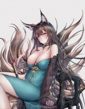 1girl absurdres amagi_(azur_lane) amagi_(cv)_(azur_lane) animal_ears areola_slip azur_lane between_legs black_gloves blush breasts clothes_pull commander_kei detached_collar detached_sleeves dress dress_pull fox_ears fox_girl fox_tail gloves green_dress grey_background highres hikimayu kitsune kyuubi large_breasts long_hair looking_at_viewer multiple_tails no_panties purple_eyes side_slit simple_background sitting solo tail