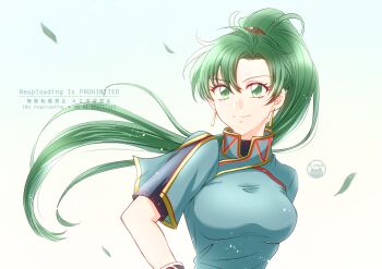 1girl asymmetrical_bangs blue_dress breasts cf_wing china_dress chinese_clothes commentary_request dress earrings fire_emblem fire_emblem:_the_blazing_blade gloves green_eyes green_hair hair_tie high_ponytail highres jewelry leaf long_hair lyn_(fire_emblem) mandarin_collar medium_breasts nintendo ponytail portrait shanghai_neckline shirt_under_dress short_sleeves simple_background smile solo taut_clothes taut_dress very_long_hair white_background yellow_trim