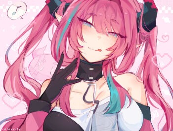 1girl :q arknights arknights:_endfield artist_name bare_shoulders black_choker black_gloves celexcity choker gloves grey_eyes head_tilt highres long_hair musical_note pink_background pink_hair smile solo spoken_musical_note tongue tongue_out upper_body yvonne_(arknights)