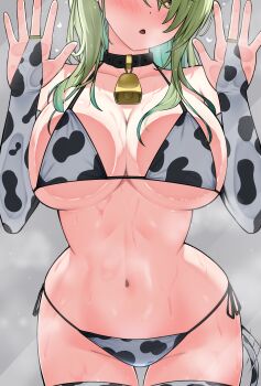 Rule 34 | 1girl, absurdres, against fourth wall, animal print, bell, bikini, black collar, breast press, breasts, bridal gauntlets, ceres fauna, collar, cow print, cow print bikini, cow print gloves, cow print thighhighs, cow tail, cowbell, gloves, green hair, grey background, hands up, head out of frame, highres, hololive, hololive english, large breasts, long hair, looking at another, navel, neck bell, nobarts, print bikini, print gloves, print thighhighs, side-tie bikini bottom, simple background, solo, stomach, string bikini, swimsuit, tail, thighhighs, virtual youtuber, white bikini, white bridal gauntlets, white thighhighs, yellow eyes
