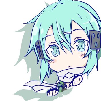 Rule 34 | 1girl, :<, aqua eyes, aqua hair, asagi501, black gloves, black leotard, black trim, blush stickers, chibi, closed mouth, commentary request, cropped torso, double-parted bangs, drop shadow, fingerless gloves, floating scarf, frown, gloves, green jacket, hair between eyes, hair ornament, hairclip, jacket, leotard, looking at viewer, multicolored jacket, multicolored leotard, open clothes, open jacket, scarf, simple background, sinon, solo, sword art online, triangle mouth, two-tone jacket, two-tone leotard, upper body, white background, white jacket, white leotard, white scarf