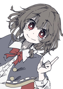 1girl absurdres alternate_eye_color black_capelet blush bow bowtie brown_hair capelet closed_mouth collared_shirt dress_shirt hair_between_eyes hair_bow highres long_sleeves looking_at_viewer muraryo no_headwear pointing red_bow red_bowtie red_eyes shirt short_hair sleeve_cuffs smile solo touhou usami_renko white_shirt