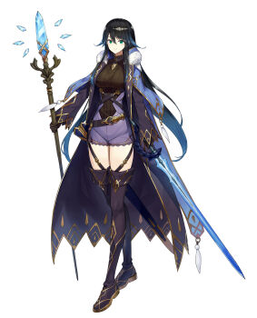 1girl absurdres black_boots black_coat black_gloves black_hair blue_capelet blue_hair boots borrowed_character breasts brown_shirt capelet coat commentary_request commission full_body gloves gradient_hair green_eyes highres holding holding_staff holding_sword holding_weapon large_breasts long_hair mage_staff multicolored_hair mytea_(soso) original purple_shorts shirt shorts simple_background skeb_commission smile solo staff sword thigh_boots weapon white_background