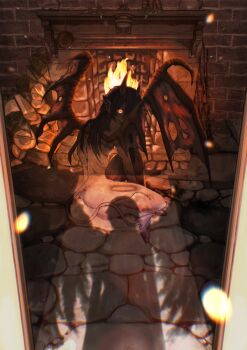 1girl absurdres angel asagimuu black_hair commentary_request demon_girl demon_horns demon_tail demon_wings doorway emaciated fire fireplace firewood glowing glowing_eyes hair_between_eyes highres hooves horizontal_pupils horns long_hair looking_back nude original pointy_ears pov_doorway pov_shadow tail torn_wings wings yellow_eyes