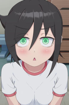 1girl black_hair blush breasts commentary_request green_eyes gym_shirt gym_storeroom gym_uniform hair_between_eyes ichikawa_masahiro kuroki_tomoko looking_at_viewer medium_breasts open_mouth shirt short_sleeves sitting vaulting_horse watashi_ga_motenai_no_wa_dou_kangaetemo_omaera_ga_warui! white_shirt