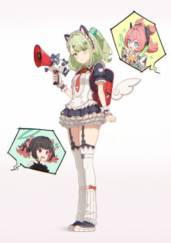 Rule 34 | +++, 3girls, absurdres, angels of delusion, animal ear hairband, animal ears, aria (zenless zone zero), backpack, bag, black garter straps, black hair, black thighhighs, blue eyes, bow, breasts, cat ear hairband, cat ears, commentary request, fake animal ears, full body, garter straps, glowstick, green eyes, green hair, green nails, grey background, hairband, halo, highres, holding, holding glowstick, holding megaphone, looking at viewer, maid, maid headdress, megaphone, multiple girls, nangong yu, pink bow, pink hair, puffy short sleeves, puffy sleeves, red bag, red eyes, short sleeves, simple background, sparkle, spoken character, standing, sunna (afternoon tea break) (zenless zone zero), sunna (zenless zone zero), thighhighs, thighs, uginugi, white wings, wings, zenless zone zero