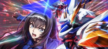 1girl angry black_gloves black_hair blue_eyes blue_jacket code_geass code_geass:_lost_stories f4samurai gloves highres jacket knightmare_frame long_hair looking_at_viewer maya_disel mecha multiple_girls official_art open_mouth pendulum_(code_geass) pendulum_resurrection robot solo teeth