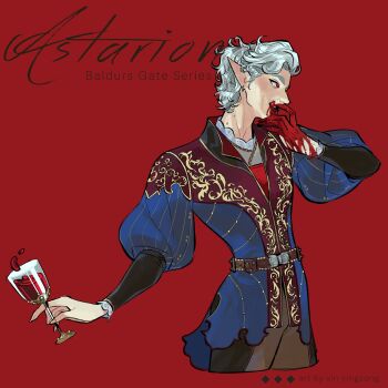 Rule 34 | 1boy, artist name, astarion, baldur's gate, baldur's gate 3, blood, blood on face, blood on hands, blue coat, brown pants, chalice, character name, coat, commentary, copyright name, cowboy shot, cropped legs, cup, dungeons & dragons, dungeons &amp; dragons, english commentary, fingernails, grey hair, hair slicked back, highres, holding, holding cup, kiddo hah, licking lips, male focus, pants, pointy ears, red eyes, sharp fingernails, short hair, solo, tongue, tongue out, wavy hair