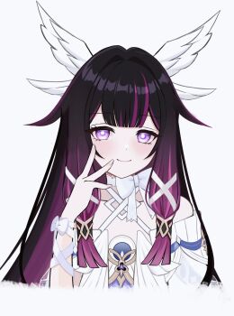 Rule 34 | 1girl, arm ribbon, bare shoulders, black hair, blush, bow, bright pupils, columbina (genshin impact), commentary request, dress, genshin impact, hair intakes, hair ribbon, hand up, head wings, highres, irodo 1024, long hair, looking at viewer, multicolored hair, purple eyes, purple hair, purple streaks, ribbon, sidelocks, simple background, smile, solo, streaked hair, two-tone hair, unusually open eyes, upper body, white background, white bow, white dress, white pupils, white ribbon, white wings, wings, wrist bow