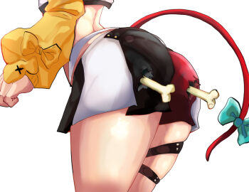 1girl absurdres ass ass_focus blue_bow bone bow clenched_hand commentary cropped_shirt english_commentary hakos_baelz hakos_baelz_(1st_costume) head_out_of_frame highres hololive hololive_english long_sleeves miku_(mikururun) mouse_tail parody scene_reference shirt simple_background skindentation solo spongebob_squarepants_(series) tail tail_bow tail_ornament thigh_strap thighs virtual_youtuber white_background white_shirt yellow_sleeves