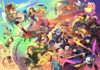 00s 4girls 6+boys absolutely_everyone animal_ears armlet armor backpack bag baseball_bat baseball_cap belt black_hair blonde_hair blue_eyes blue_hair bodysuit boots bowser bracelet bracer brown_hair bulbasaur cape captain_falcon charizard child cload cloak closed_eyes cloud coat copyright_name crown cypher_(metal_gear) day diddy_kong donkey_kong donkey_kong_(series) donkey_kong_country dress drone english_text everyone f-zero facial_hair falco_lombardi family_computer_robot fire_emblem fire_emblem:_mystery_of_the_emblem fire_emblem:_path_of_radiance flower flying fox_mccloud furry galaxia_(sword) game_&amp;_watch ganondorf gen_1_pokemon gen_4_pokemon gloves gun hanokage happy hat headband helmet highres holding holding_sword holding_weapon ice_climber ice_climbers ike_(fire_emblem) ivysaur jacket jewelry jigglypuff kid_icarus king_dedede kirby kirby_(series) koopa link long_hair lucario lucas_(mother_3) luigi mario mario_(series) marth_(fire_emblem) master_sword meta_knight metal_gear_(series) metal_gear_solid metroid monkey mother_(series) mother_2 mother_3 motor_vehicle motorcycle mr._game_&amp;_watch multiple_boys multiple_girls mustache nana_(ice_climber) ness_(mother_2) nintendo olimar open_mouth overalls parachute pikachu pikmin_(creature) pikmin_(series) pink_dress pit_(kid_icarus) pokemon pokemon_(creature) ponytail popo_(ice_climber) princess_peach princess_zelda quiff rabbit_ears rainbow rainbow_background randoseru red_hair riding riding_pokemon robot samus_aran sandals scarf shield shirt short_hair shorts sky smile solid_snake sonic_(series) sonic_the_hedgehog spacesuit spikes squirtle star_(symbol) star_fox super_smash_bros. sword t-shirt tail the_legend_of_zelda toon_link unmanned_aerial_vehicle unmanned_combat_aerial_vehicle vehicle wario wario-man warioware warp_star weapon wings wolf_o'donnell yoshi zero_suit