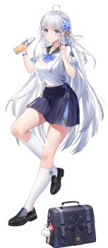 1girl ahoge bag black_shoes blue_eyes blue_flower bracelet braid character_request crown_braid drink flower full_body hand_up holding holding_drink houchi_shoujo jewelry kneehighs long_hair midriff_peek official_art pale_skin pleated_skirt sailor school_bag school_uniform see-through_clothes see-through_shirt shirt shoes skirt smile socks very_long_hair wet wet_clothes white_hair white_socks