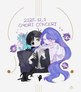 >_< 2girls 5boys :d antenna_hair arms_behind_back aubrey_(headspace)_(omori) aubrey_(omori) basil_(headspace)_(omori) basil_(omori) black_pants black_suit blue_bow blue_bowtie bow bowtie bright_pupils brother_and_sister brothers chibi closed_eyes closed_mouth collared_shirt colored_skin commentary_request dated diamond-shaped_pupils diamond_(shape) double-parted_bangs dress english_text flower flower_wreath formal_clothes green_eyes green_hair hair_between_eyes hair_bow hands_on_another's_shoulders head_wreath hero_(headspace)_(omori) hero_(omori) highres jewelry kel_(headspace)_(omori) kel_(omori) long_hair long_sleeves looking_at_another mari_(headspace)_(omori) mari_(omori) multiple_boys multiple_girls necklace omori omori_(omori) open_mouth orange_bow orange_bowtie p0tatotat pants pearl_necklace pink_bow pink_bowtie purple_eyes purple_hair shirt short_hair siblings sidelocks simple_background smile something_(omori) stranger_(omori) suit symbol-shaped_pupils very_long_hair white_background white_bow white_bowtie white_dress white_eyes white_pupils white_shirt white_skin xd