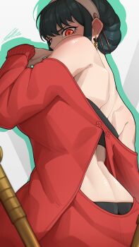 1girl absurdres back bare_shoulders black_hair black_tube_top breasts dagger dress earrings from_behind from_side gold_earrings hairband highres jewelry knife long_sleeves looking_at_viewer mixed-language_commentary off-shoulder_dress off_shoulder red_eyes red_sweater solo spy_x_family stiletto_(weapon) strapless sweater sweater_dress tettora toned toned_female tube_top upper_body weapon white_hairband yor_briar