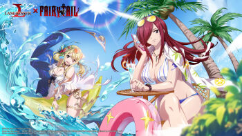 beach bikini blonde_hair breasts cleavage crossover erza_scarlet fairy_tail hair_over_one_eye highres jewelry langrisser large_breasts long_hair lucy_heartfilia necklace official_art palm_tree red_hair sunglasses_on_head swimsuit tree twintails water