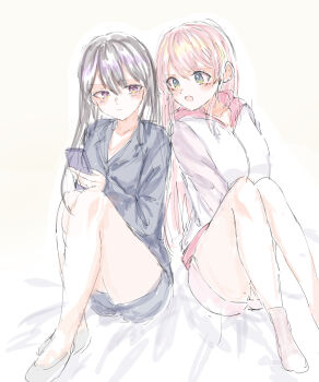 2girls bang_dream! bang_dream!_it&#039;s_mygo!!!!! black_hair blue_shirt cellphone chihaya_anon commentary fang grey_eyes highres holding holding_phone jacket latte_bf long_hair multiple_girls no_shoes pajamas phone pink_hair purple_eyes shiina_taki shirt skin_fang smartphone white_jacket