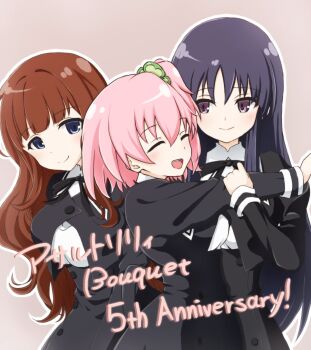 3girls :d ^_^ anniversary assault_lily black_hair black_ribbon black_skirt blue_eyes blunt_bangs blush breasts brown_hair buttons closed_eyes closed_mouth clover_hair_ornament commentary_request copyright_name cropped_jacket four-leaf_clover_hair_ornament hair_between_eyes hair_ornament hand_on_another&#039;s_arm hand_up heads_together high-waist_skirt highres hitotsuyanagi_riri hug hug_from_side juliet_sleeves kaede_johan_nouvel long_hair long_sleeves looking_at_another looking_to_the_side medium_breasts multiple_girls neck_ribbon nero&amp;luna_atomos one_side_up open_mouth outline pink_hair puffy_sleeves purple_eyes ribbon school_uniform shirai_yuyu sidelocks sideways_glance simple_background skirt smile standing teeth upper_body upper_teeth_only wavy_hair white_outline yuri yurigaoka_girls_academy_school_uniform