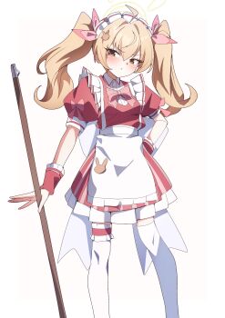 1girl absurdres alternate_costume apron blonde_hair blue_archive blush bow closed_mouth commentary dress hair_between_eyes halo highres holding holding_mop maid maid_apron maid_headdress mop pink_bow pink_dress puffy_short_sleeves puffy_sleeves short_sleeves solo thighhighs to_(tototo_tk) twintails white_thighhighs yellow_eyes yellow_halo yoshimi_(blue_archive) zettai_ryouiki