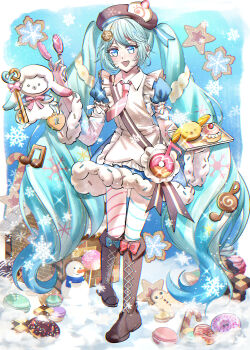 1girl absurdres animal apron aqua_eyes aqua_hair asymmetrical_legwear blue_bow blue_dress blue_eyes blue_hair blue_sleeves blush boots bow bowtie bread brown_boots brown_hat character-themed_food commentary_request cookie dessert detached_sleeves donut dress dress_bow food food-themed_clothes food-themed_hat_ornament frilled_apron frills fruit full_body fur-trimmed_dress fur-trimmed_sleeves fur_trim gingerbread_man hair_between_eyes hair_ornament hat hat_ornament hatsune_miku heart highres holding holding_tongs holding_tray knee_boots long_hair long_sleeves looking_at_viewer mismatched_legwear necktie official_alternate_costume official_alternate_hairstyle open_mouth pantyhose pink_necktie puffy_sleeves rabbit_yukine short_sleeves smile snowflake_print striped_clothes striped_pantyhose tongs tray twintails two-tone_sleeves user_mpdm3377 very_long_hair vocaloid wavy_hair white_apron yuki_miku yuki_miku_(2026)