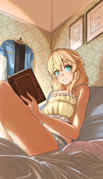 1boy absurdres bare_legs bed blonde_hair book bridget_(guilty_gear) camisole clothes_hanger frilled_camisole frills guilty_gear guilty_gear_strive highres holding holding_book hood hooded_jacket jacket male_focus medium_hair open_book open_mouth panties picture_frame sitting solo sugajyun thighs transgender trap underwear unworn_jacket
