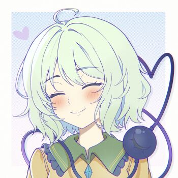 1girl ahoge blue_eyes border buttons closed_eyes closed_mouth commentary_request diamond_button facing_viewer fanxiaotu frilled_shirt_collar frills green_eyes heart highres komeiji_koishi portrait shirt short_hair smile solo third_eye touhou white_border yellow_shirt