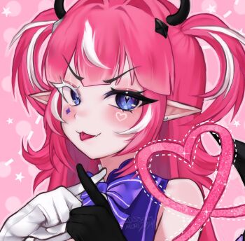 Rule 34 | 1girl, :3, asymmetrical gloves, bare shoulders, blush, bow, camila (cami 2.0) (vtuber), camila (vtuber), colored eyelashes, commentary, crossed fingers, diamond-shaped pupils, diamond (shape), diamond facial mark, diamond hair ornament, dotted line, earrings, eyelashes, facial mark, fang, gloves, hair intakes, heart, heart facial mark, highres, indie virtual youtuber, jewelry, medium hair, mismatched eyebrows, mismatched eyelashes, mismatched gloves, multicolored hair, pink background, pointy ears, portrait, purple bow, purple eyes, scissors mori, skin fang, smile, solo, sparkle, streaked hair, symbol-only commentary, symbol-shaped pupils, tongue, tongue out, two-tone hair, two side up, v-shaped eyebrows, virtual youtuber, white hair