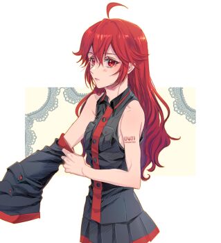 1girl ahoge alternate_hairstyle breast_pocket collared_shirt commentary_request detached_sleeves dressing expressionless hair_down highres itsukey_mouse kasane_teto kasane_teto_(utau) long_hair looking_at_viewer pleated_skirt pocket red_eyes red_hair shirt skirt sleeveless sleeveless_shirt solo utau