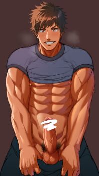 1boy abs bara blush brown_hair erection grin hihumi male_focus muscular naughty_face pectorals penis presenting pubic_hair red_eyes smile solo teeth testicles underwear undressing