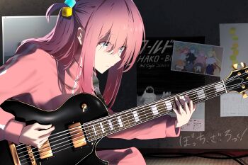 1girl absurdres blue_eyes bocchi_the_rock! closed_mouth commentary commentary_request concentrating cube_hair_ornament electric_guitar english_commentary gibson_les_paul gotoh_hitori guitar hair_ornament half_updo highres holding holding_guitar holding_instrument instrument jacket long_bangs long_hair long_sidelocks long_sleeves mixed-language_commentary music photo_(object) pink_hair pink_jacket playing_guitar playing_instrument poster_(object) sidelocks solo straight_hair track_jacket translation_request upper_body wussensei