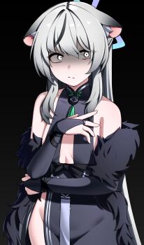 1girl absurdres alternate_costume animal_ears bare_shoulders black_bridal_gauntlets black_dress black_jacket blue_archive blue_halo bridal_gauntlets china_dress chinese_clothes cleavage_cutout closed_mouth clothing_cutout commentary_request cosplay dress flat_chest fur_jacket grey_hair halo highres jacket kokona_(blue_archive) korean_commentary long_hair looking_to_the_side open_clothes open_jacket pyeong_il shaded_face shun_(blue_archive) shun_(blue_archive)_(cosplay) side_slit sidelocks sleeveless sleeveless_dress solo white_eyes