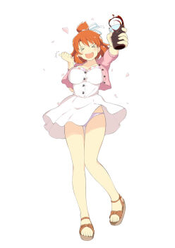 &gt;_&lt; 1girl :d breasts brown_eyes cherry_blossoms cleavage coat cola cup dress drink floral_print floral_print_dress fuma_(senran_kagura) hair_ribbon hanami happy holding holding_cup jacket large_breasts medium_hair official_alternate_costume official_art open_mouth orange_hair panties pantyshot pink_coat pink_jacket pink_panties print_dress ribbon sandals senran_kagura senran_kagura_new_wave simple_background smile solo thumbs_up topknot underwear white_background white_dress