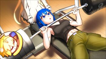 3girls abs animal_ears arcueid_brunestud black_shirt blonde_hair blue_eyes breasts cat_ears cat_girl cat_tail chibi ciel_(tsukihime) closed_eyes dantonphanton dress exercising green_pants highres indoors light_blush long_hair long_sleeves lying medium_breasts multiple_girls muscular muscular_female navel neco-arc no_eyewear on_back open_mouth pants shirt short_hair sleeping sleeveless sleeveless_shirt sweatdrop tail tsukihime tsukihime_(remake) weightlifting weights white_dress wooden_floor