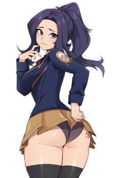 1girl :3 ass ass_tattoo black_panties black_thighhighs blue_eyes blue_hair blue_jacket breasts brown_skirt closed_mouth commentary commission cowboy_shot english_commentary hand_up highres jacket large_breasts long_hair long_sleeves looking_at_viewer microskirt oninuer original panties simple_background skirt smile smug solo tattoo thighhighs underwear white_background