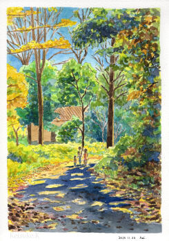 absurdres artist_name autumn autumn_leaves border commentary_request dated day highres keisuke_k_(enyahoro) landscape leaf original outdoors painting_(medium) path people road scenery shade signature traditional_media tree watercolor_(medium) white_border