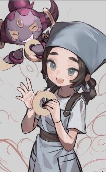 1girl :d ansha_(pokemon) apron blue_apron blush border brown_hair cowboy_shot donut food gen_6_pokemon green_eyes grey_background grey_border grey_hat hat holding holding_donut holding_food hoopa lazu0721 legendary_pokemon long_hair mythical_pokemon nintendo open_mouth pokemon pokemon_(creature) pokemon_legends:_z-a shirt short_sleeves sidelocks smile thick_eyebrows white_shirt