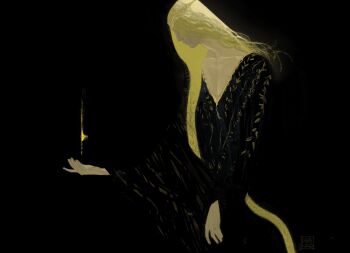 1girl absurdres black_background black_dress blonde_hair braid circlet collarbone dress elden_ring from_side gold_circlet gvales_(hvfrue) highres limited_palette plunging_neckline queen_marika_the_eternal reaching signature single_braid site_of_grace solo