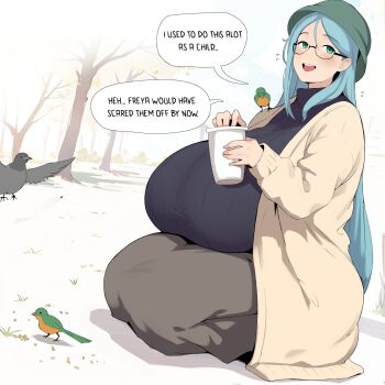 1girl bird bird_feeding blush breasts breasts_on_lap coco_(setawar) danielle_(setawar) english_text gigantic_breasts glasses green_eyes hat highres jacket long_hair long_skirt nature on_ground original park ribbed_sweater seiza sitting skirt smile solo speech_bubble sweater turtleneck turtleneck_sweater
