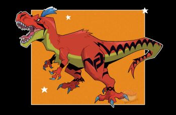 absurdres artist_logo black_background claws commentary dinosaur english_commentary fossil_fighters from_side green_eyes highres logo open_mouth sharp_teeth siamo_(fossil_fighters) siamotyrannus snek_snack star_(symbol) tail teeth two-tone_background vivosaur watermark white_background