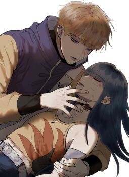 1boy 1girl arm_around_shoulder armband belt black_choker blonde_hair blood blood_from_mouth blue_eyes blue_hair blunt_bangs boruto:_two_blue_vortex bruise bruise_on_face camisole choker closed_eyes crying cuts facial_mark highres ifevilwhyuhot injury jacket multicolored_jacket naruto_(series) navel purple_jacket streaming_tears tears two-tone_jacket unconscious uzumaki_himawari whisker_markings white_belt yamanaka_inojin yellow_camisole