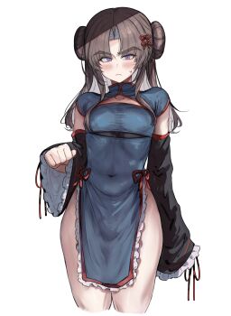 1boy :&lt; absurdres ayase_ayato_(imamiya_pinoko) blue_dress blush brown_hair china_dress chinese_clothes closed_mouth commentary_request covered_navel crossdressing crossdressing_(mtf) detached_sleeves double_bun dress hair_bun highres imamiya_pinoko long_hair long_sleeves looking_at_viewer male_focus original parted_bangs purple_eyes simple_background sleeves_past_wrists solo sweatdrop thick_eyebrows trap white_background