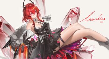 1girl absurdres arknights arknights:_endfield armpits artist_name bare_shoulders belt black_belt black_boots black_dress black_gloves black_horns boots breasts character_name chinese_commentary cleavage closed_mouth commentary_request crossed_bangs crossed_legs crystal demon_girl demon_horns dress elbow_gloves feet_out_of_frame food gloves grey_background hair_between_eyes hair_intakes highres holding holding_food holding_ice_cream_cone horns ice_cream_cone laevatain_(arknights) large_breasts long_hair looking_at_viewer purple_eyes red_hair shale short_dress sideless_dress sidelocks simple_background sitting solo surtr_(arknights) thigh_strap