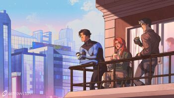 astrovvitch barbara_gordon batman_(series) black_bodysuit black_gloves black_hair blue_eyes bodysuit brown_jacket commentary dc_comics dick_grayson english_commentary gloves grey_bodysuit jacket jason_todd multicolored_bodysuit multiple_boys muscular muscular_male nightwing open_clothes pants red_hood_(dc) red_hood_and_the_outlaws short_hair superhero_costume taut_bodysuit two-tone_bodysuit