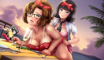 2girls alcohol bikini black_hair black_nails black_necktie blue_eyes blush bow breasts brooke_belrose brown_hair champagne dildo distant_island food fork game_cg glass glasses green_eyes hair_bow hair_ornament highres hunie_(series) huniepop_2 huniepop_2:_double_date implied_strap-on liquid multiple_girls necktie ninamo nora_delrio ocean official_art on_table plate sex_toy spoon strap-on swimsuit table teeth tongue tongue_out unbuttoned unbuttoned_shirt yuri